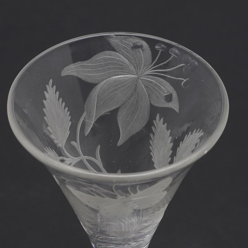 790 - ANTIQUE CORDIAL GLASSES. Including a cordial glass with a small bowl etched with flowers and leaves,... 