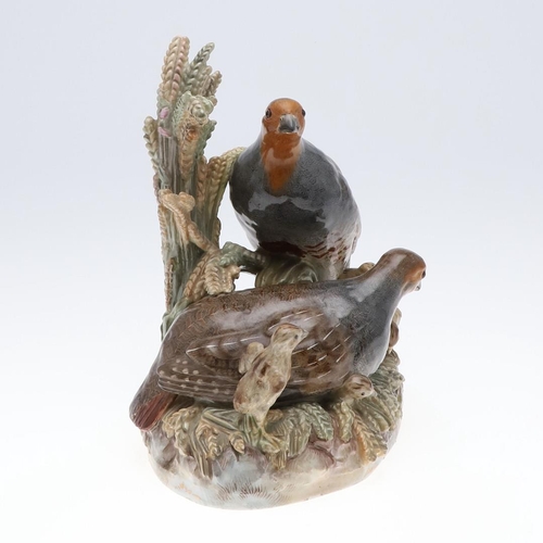 792 - RARE 19THC MEISSEN GROUP OF GREY PARTRIDGES & CHICKS. 19thc, a rare large group of two Adult Grey Pa... 