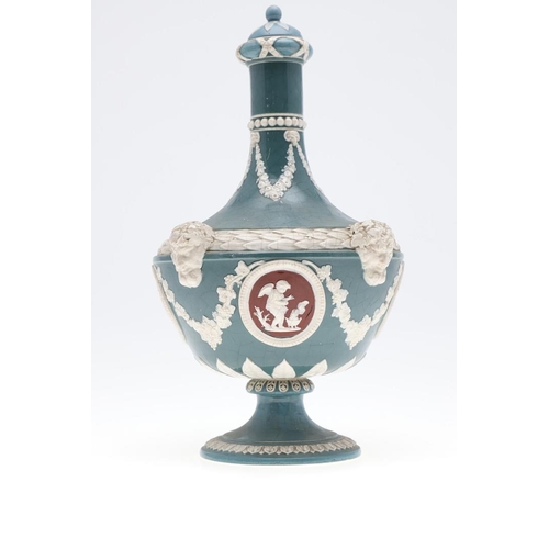 796 - WEDGWOOD TRI COLOUR JASPER WARE LIDDED VASE. A 19thc lidded vase with four small vignettes of cherub... 