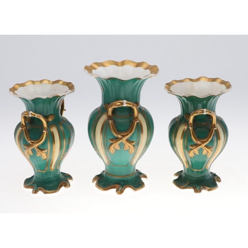 805 - H & R DANIEL - GARNITURE OF VASES. In the Chinese style, the twin handled vases  painted with a sing... 