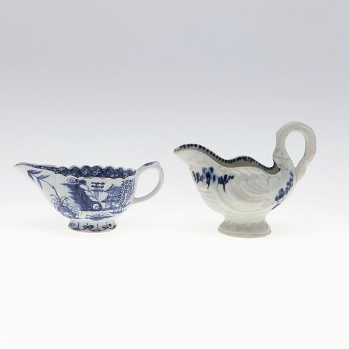 807 - ENGLISH 18THC BOW SAUCEBOAT & TWO OTHER SAUCEBOATS. A 18thc Bow ribbed porcelain sauceboat in the De... 