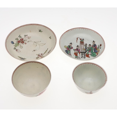 814 - 18THC ENGLISH POLYCHROME TEA BOWLS & SAUCERS. Various Worcester and Liverpool tea bowls and saucers,... 