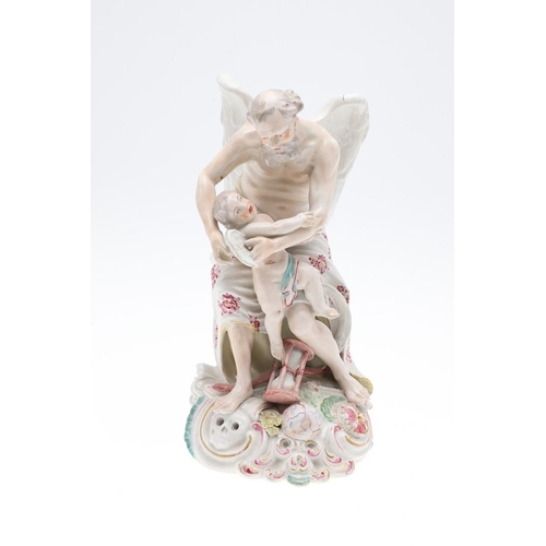 818 - EARLY DERBY PORCELAIN FIGURE - 'TIME CLIPPING CUPID'S WINGS'. A figure of 'Time clipping cupids wing... 