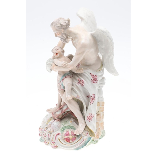 818 - EARLY DERBY PORCELAIN FIGURE - 'TIME CLIPPING CUPID'S WINGS'. A figure of 'Time clipping cupids wing... 