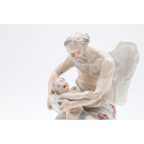 818 - EARLY DERBY PORCELAIN FIGURE - 'TIME CLIPPING CUPID'S WINGS'. A figure of 'Time clipping cupids wing... 