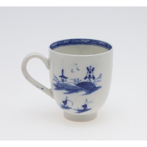 828 - 18THC CAUGHLEY COFFEE CUP - BRIDGE & WINDMILL. A porcelain coffee cup painted in underglaze blue in ... 