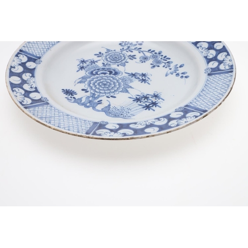 829 - ANTIQUE DELFT CHARGER & TWO OTHERS. Probably 18thc, a blue and white delft charger painted with spra... 