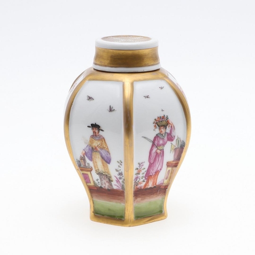 833 - DRESDEN PORCELAIN TEA CANNISTER. A Dresden tea cannister in the Meissen Hausmalerei style, of hexago... 