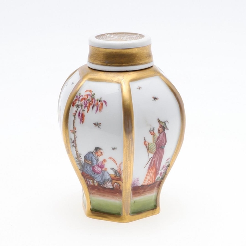 833 - DRESDEN PORCELAIN TEA CANNISTER. A Dresden tea cannister in the Meissen Hausmalerei style, of hexago... 