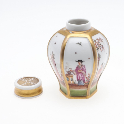 833 - DRESDEN PORCELAIN TEA CANNISTER. A Dresden tea cannister in the Meissen Hausmalerei style, of hexago... 