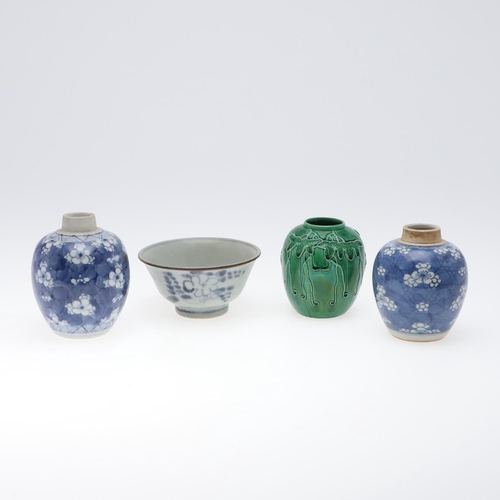 842 - TWO CHINESE PRUNUS JARS, GREEN GLAZED JAR & NANKING CARGO BOWL. Two late 19thc prunus jars, one with... 