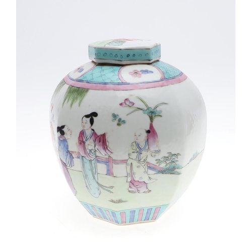 843 - CHINESE FAMILLE ROSE LIDDED JAR & TWO OTHER ITEMS. An octagonal shaped lidded jar, painted with a va... 