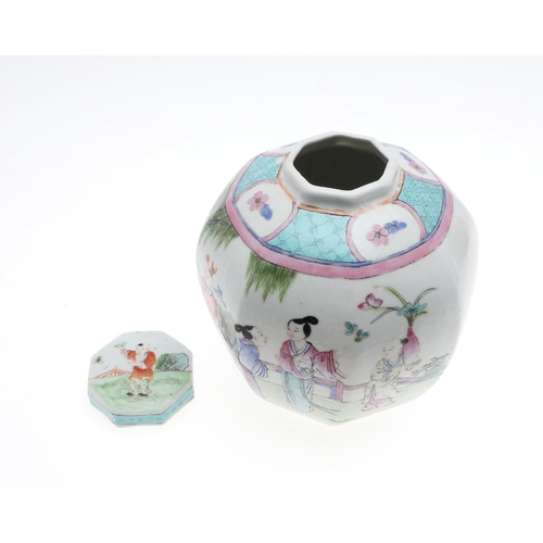 843 - CHINESE FAMILLE ROSE LIDDED JAR & TWO OTHER ITEMS. An octagonal shaped lidded jar, painted with a va... 