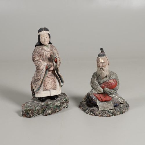 851 - TWO CARVED WOODEN & LACQUERED JAPANESE FIGURES. Two large carved wooden and lacquered figures, Meiji... 