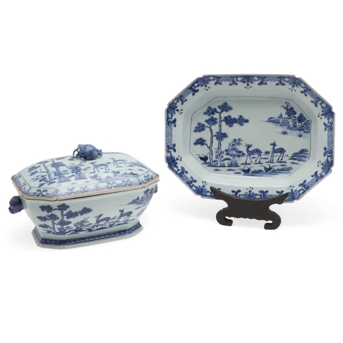 854 - 18THC CHINESE BLUE & WHITE PORCELAIN TUREEN, COVER & MATCHING DISH. Qianlong period (1736-1795), the... 