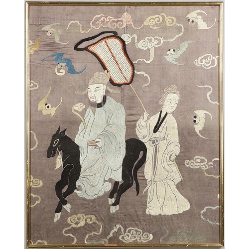 855 - THREE CHINESE FRAMED EMBROIDERED PICTURES - IMMORTALS. Three late 19thc/early 20thc framed Chinese e... 