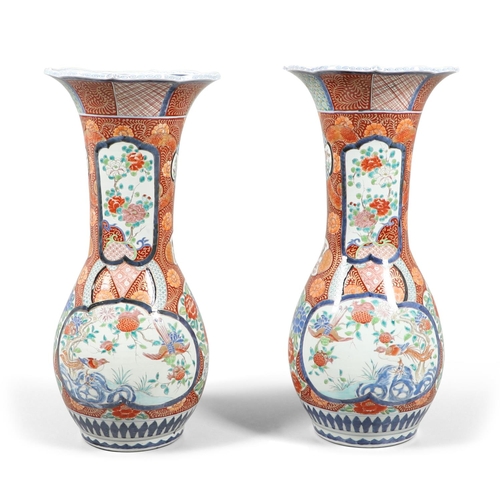 856 - LARGE PAIR OF JAPANESE ARITA FLOOR STANDING VASES. Meiji period, with a flared neck and scalloped ri... 