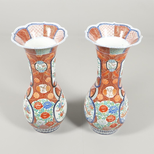 856 - LARGE PAIR OF JAPANESE ARITA FLOOR STANDING VASES. Meiji period, with a flared neck and scalloped ri... 