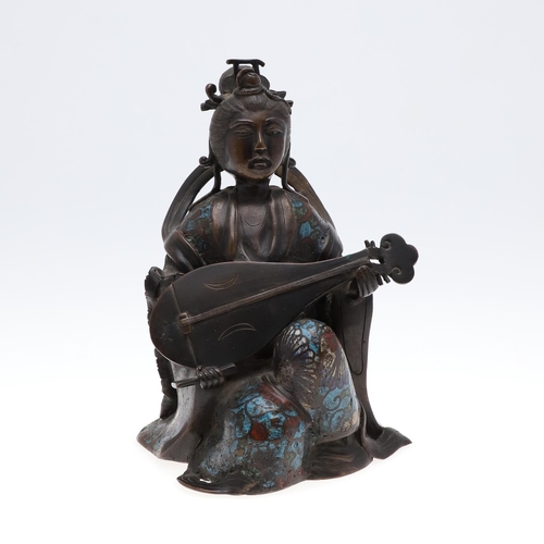 857 - JAPANESE BRONZE & CLOISONNE FIGURE. Meiji period, a bronze seated figure of a lady with an instrumen... 