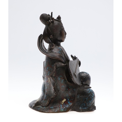 857 - JAPANESE BRONZE & CLOISONNE FIGURE. Meiji period, a bronze seated figure of a lady with an instrumen... 