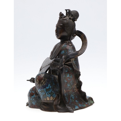 857 - JAPANESE BRONZE & CLOISONNE FIGURE. Meiji period, a bronze seated figure of a lady with an instrumen... 