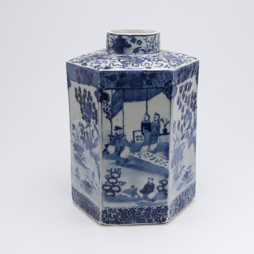 870 - LARGE CHINESE BLUE & WHITE PORCELAIN JAR. Late 19thc, the large hexagonal shaped jar painted with fi... 