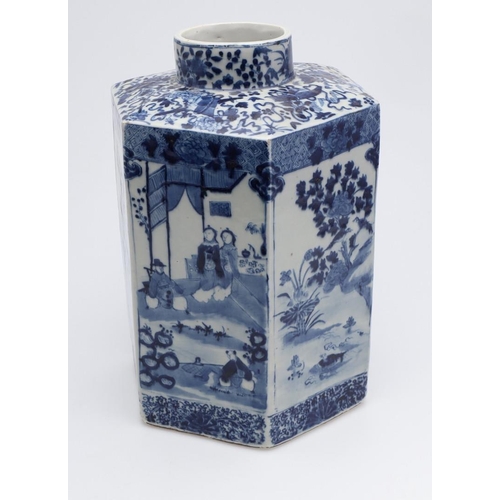 870 - LARGE CHINESE BLUE & WHITE PORCELAIN JAR. Late 19thc, the large hexagonal shaped jar painted with fi... 