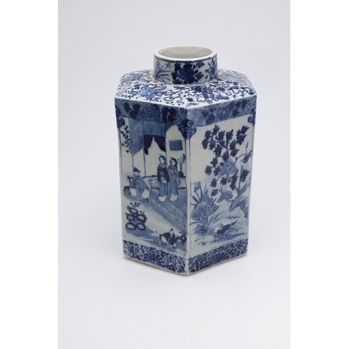 870 - LARGE CHINESE BLUE & WHITE PORCELAIN JAR. Late 19thc, the large hexagonal shaped jar painted with fi... 