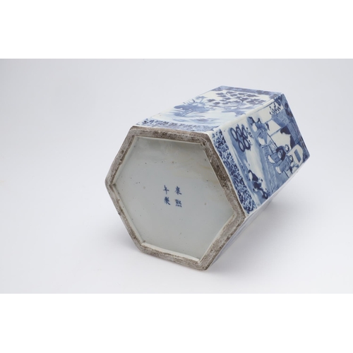 870 - LARGE CHINESE BLUE & WHITE PORCELAIN JAR. Late 19thc, the large hexagonal shaped jar painted with fi... 