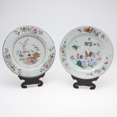 871 - LARGE CHINESE 18THC FAMILLE ROSE DISH, & ANOTHER DISH. The dish painted with two Chickens, flowering... 