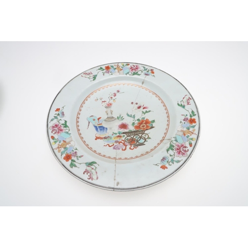 871 - LARGE CHINESE 18THC FAMILLE ROSE DISH, & ANOTHER DISH. The dish painted with two Chickens, flowering... 