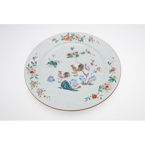 871 - LARGE CHINESE 18THC FAMILLE ROSE DISH, & ANOTHER DISH. The dish painted with two Chickens, flowering... 