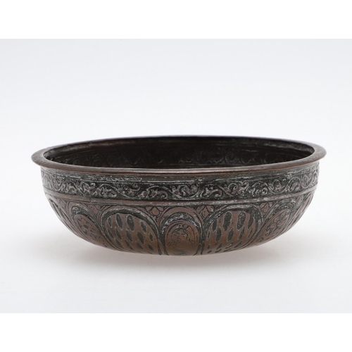 873A - ANTIQUE MIDDLE EASTERN COPPER BOWL - SIGNED. A small shallow bowl, with a repeating pattern includin... 