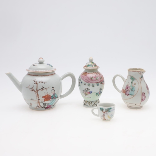 876 - 18THC CHINESE PORCELAIN TEAPOT & OTHER ITEMS. A globular teapot painted with a mother and a child by... 