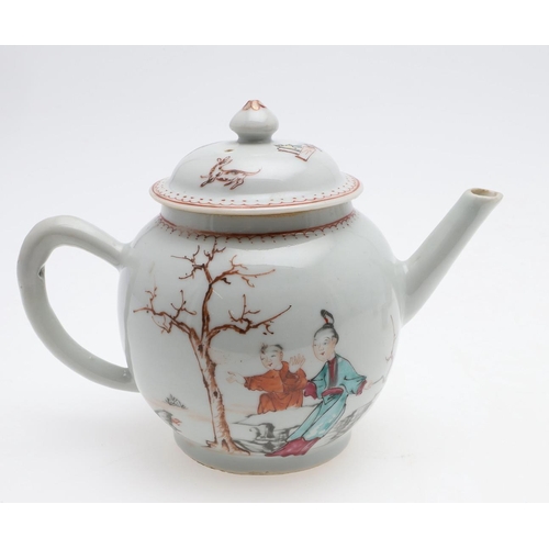 876 - 18THC CHINESE PORCELAIN TEAPOT & OTHER ITEMS. A globular teapot painted with a mother and a child by... 