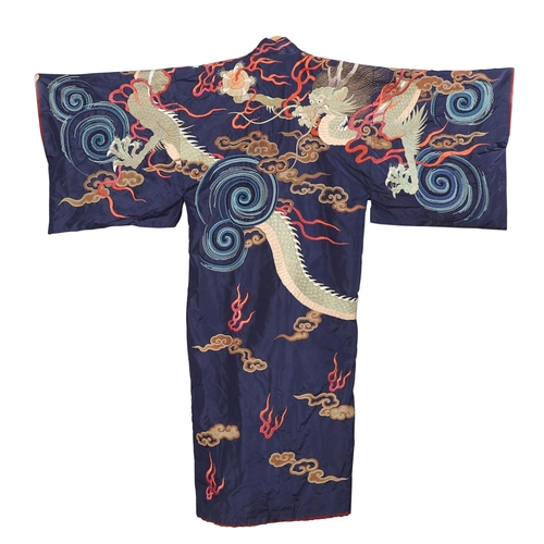 880 - ANTIQUE CHINESE SILK EMBROIDERED ROBE. Probably late 19thc/early 20thc, a full length blue silk robe... 