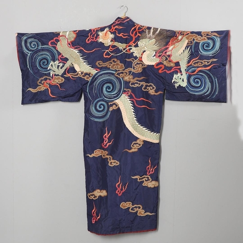 880 - ANTIQUE CHINESE SILK EMBROIDERED ROBE. Probably late 19thc/early 20thc, a full length blue silk robe... 