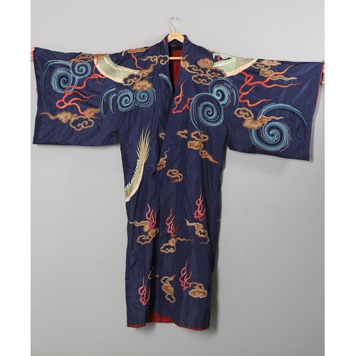 880 - ANTIQUE CHINESE SILK EMBROIDERED ROBE. Probably late 19thc/early 20thc, a full length blue silk robe... 