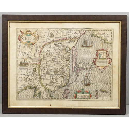 885 - ANTIQUE FRAMED MAP OF CHINA. A vintage hand coloured map of China, mounted in an oak frame, bears da... 