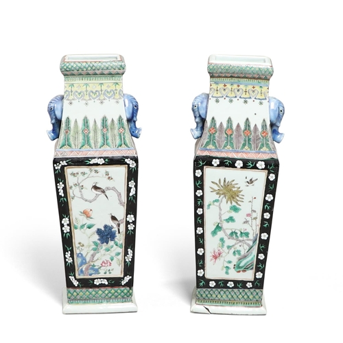 886 - PAIR OF CHINESE FAMILLE NOIR PORCELAIN VASES - ELEPHANT MASK HANDLES. Late 19thc of square tapering ... 