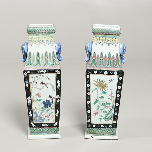 886 - PAIR OF CHINESE FAMILLE NOIR PORCELAIN VASES - ELEPHANT MASK HANDLES. Late 19thc of square tapering ... 