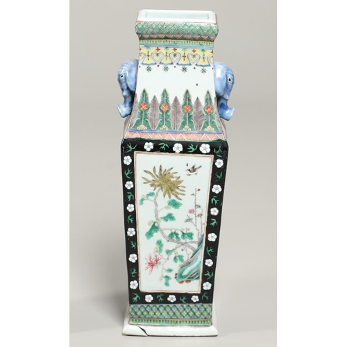 886 - PAIR OF CHINESE FAMILLE NOIR PORCELAIN VASES - ELEPHANT MASK HANDLES. Late 19thc of square tapering ... 