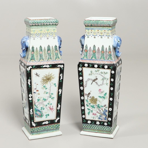 886 - PAIR OF CHINESE FAMILLE NOIR PORCELAIN VASES - ELEPHANT MASK HANDLES. Late 19thc of square tapering ... 