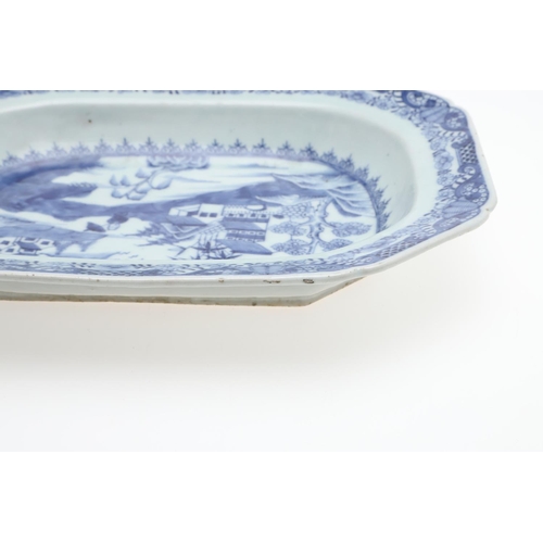 889 - CHINESE BLUE & WHITE PORCELAIN DISH & PLATTER. Both 18thc, including an octagonal shaped rectangular... 