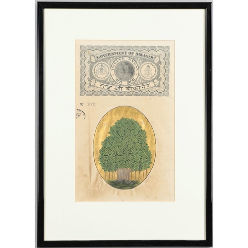 893 - INDIAN INTEREST - THREE UNUSUAL FRAMED PAINTINGS ON COURT FEE DOCUMENTS & BANK NOTE. Three Court Fee... 