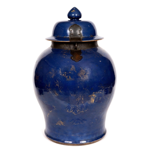 896 - LARGE CHINESE POWDER BLUE & GILT JAR AND COVER - QIANLONG. A large porcelain lidded jar, the dome to... 