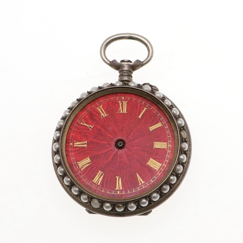 1022 - AN ENAMEL AND SILVER FOB WATCH. the white enamel dial with Arabic numerals, within a blue enamel bez... 