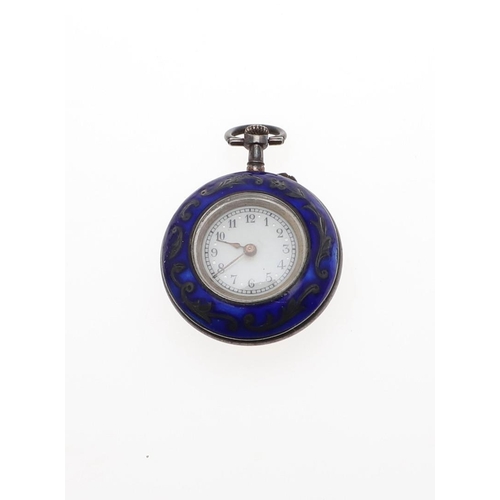 1022 - AN ENAMEL AND SILVER FOB WATCH. the white enamel dial with Arabic numerals, within a blue enamel bez... 