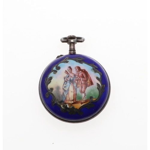 1022 - AN ENAMEL AND SILVER FOB WATCH. the white enamel dial with Arabic numerals, within a blue enamel bez... 