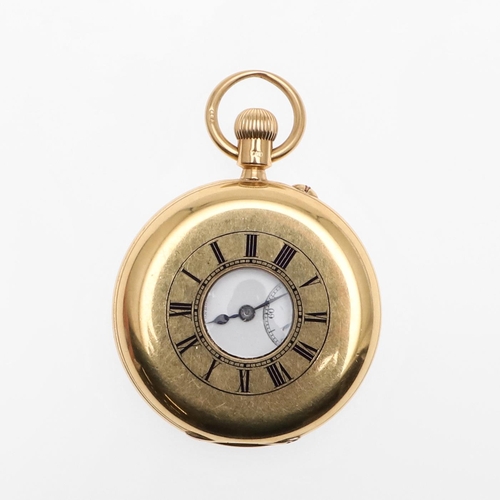 1024 - AN 18CT GOLD HALF HUNTING CASED POCKET WATCH BY DENT. the signed circular dial with Roman numerals a... 